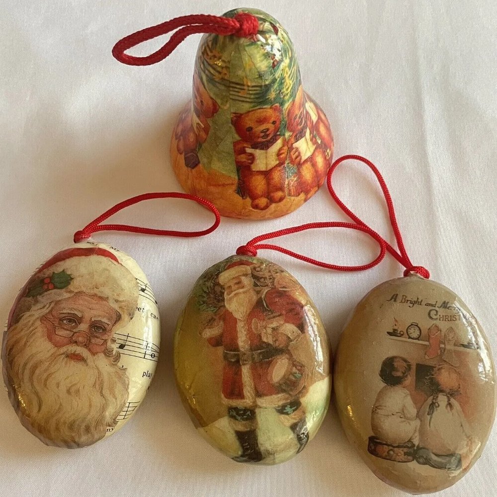 Vintage Victorian Old World Paper Mache Holiday Ornaments, set of 4